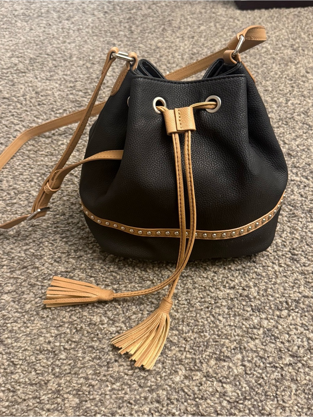Nine West Black and Tan Drawstring Tassel Crossbody Bag